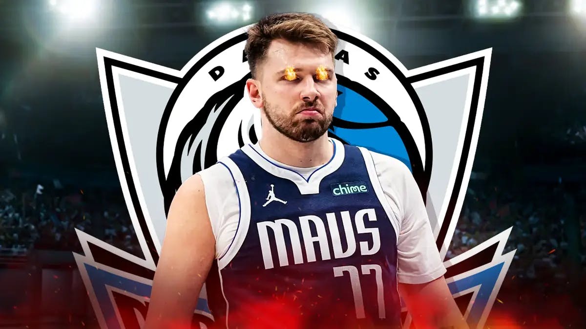 Mavericks' Luka Doncic close-up image. Place fire in his eyes. Background can be Mavs' logo.