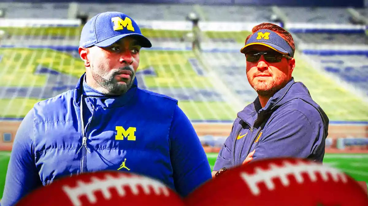 Michigan football, Wolverines, Sherrone Moore, Kirk Campbell, Michigan offensive coordinator, Sherrone Moore and Kirk Campbell with Michigan football stadium in the background