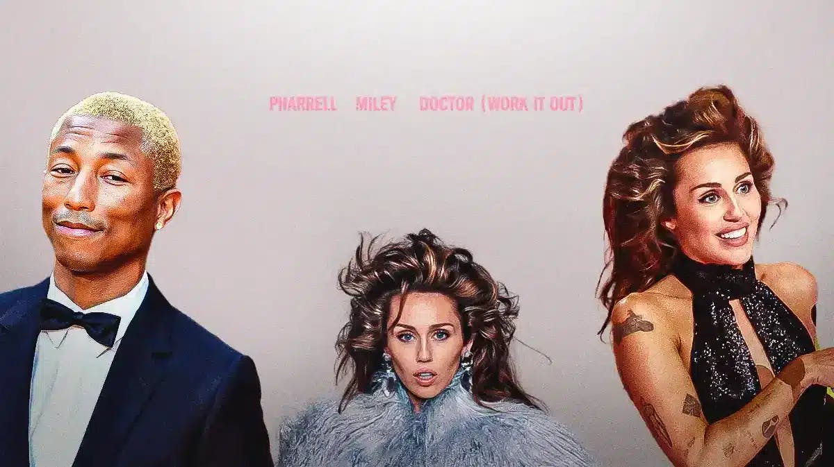 Pharrell Williams and Miley Cyrus with Doctor (Work It Out) single cover.
