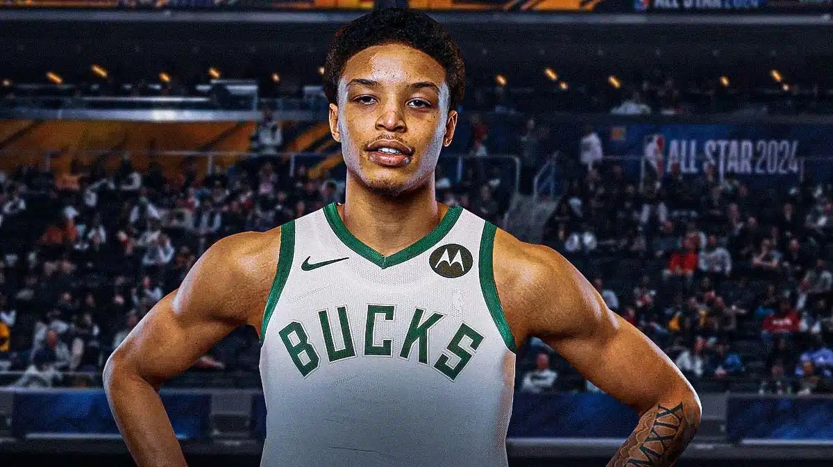 Ryan Rollins in a Bucks jersey with the Bucks arena in the background, contract
