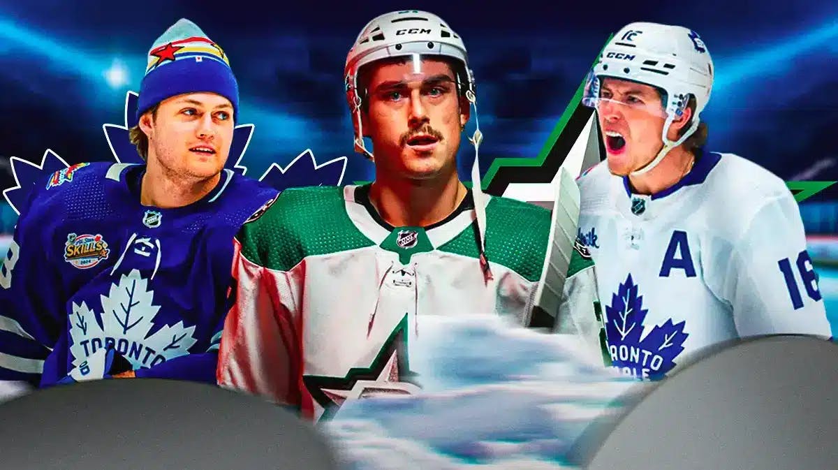 Mitch Marner and William Nylander on either side looking upset, Mason Marchment in middle looking stern, TOR Maple Leafs and Dallas Stars logos, hockey rink in background
