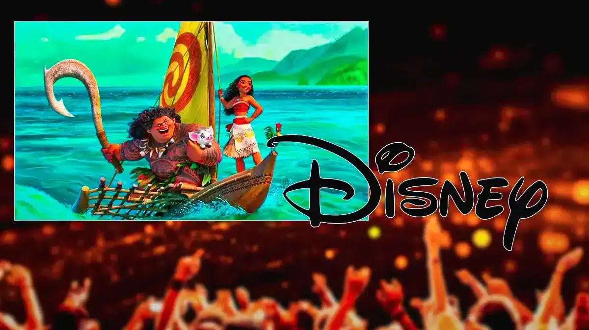 Moana on screen with fans and Disney logo.