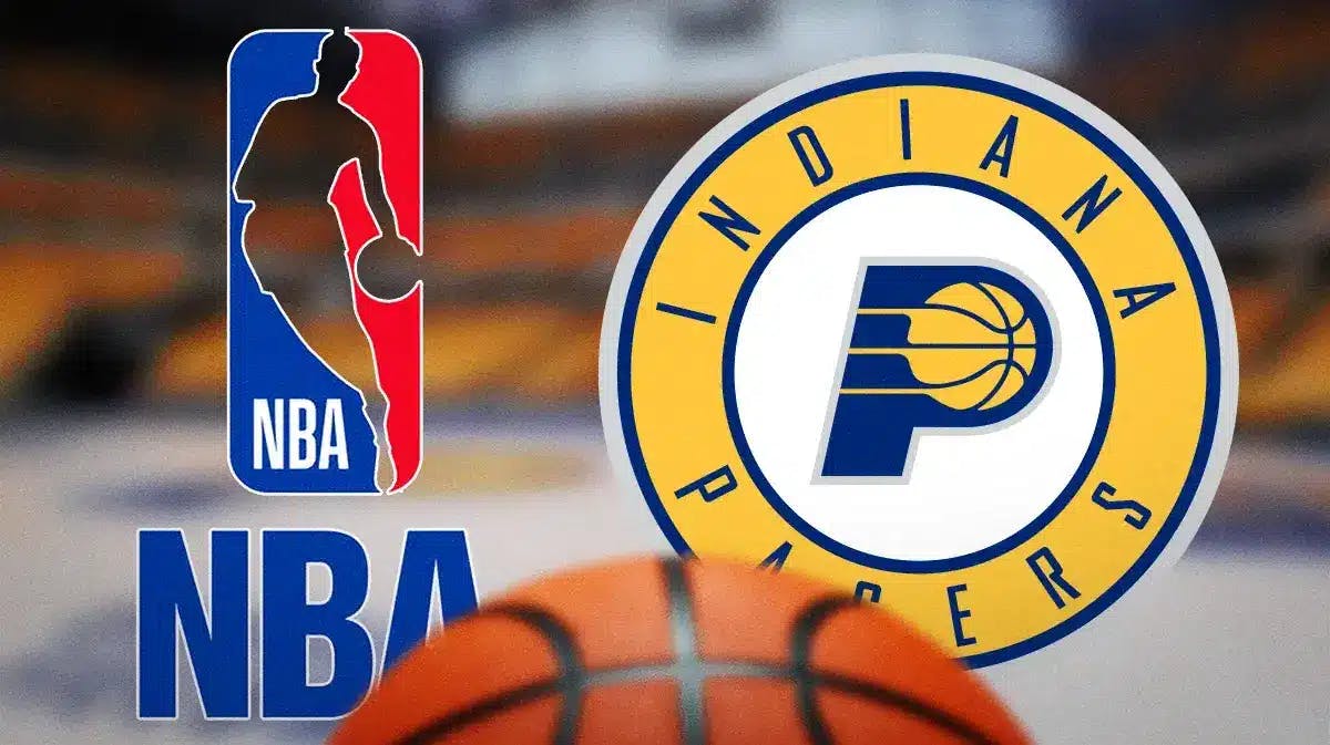 Pacers' 2024 NBA All-Star Game court hides behind team and league logos, Tyrese Haliburton sits on the bench out of sight