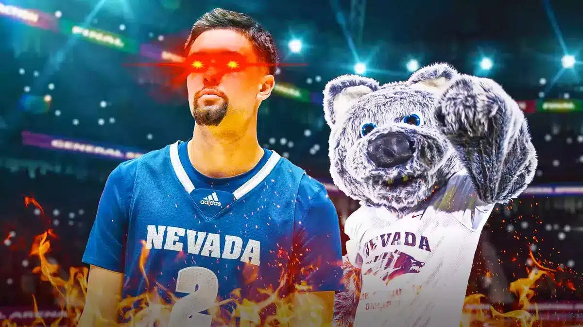 Nevada basketball player Jarod Lucas with woke eyes and on fire and Nevada Wolf Pack mascot