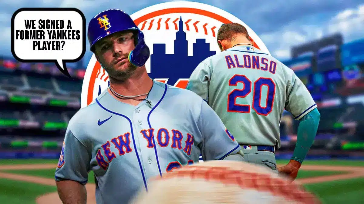 Mets' Pete Alonso saying the following: We signed a former Yankees player? Mets' logo in background.