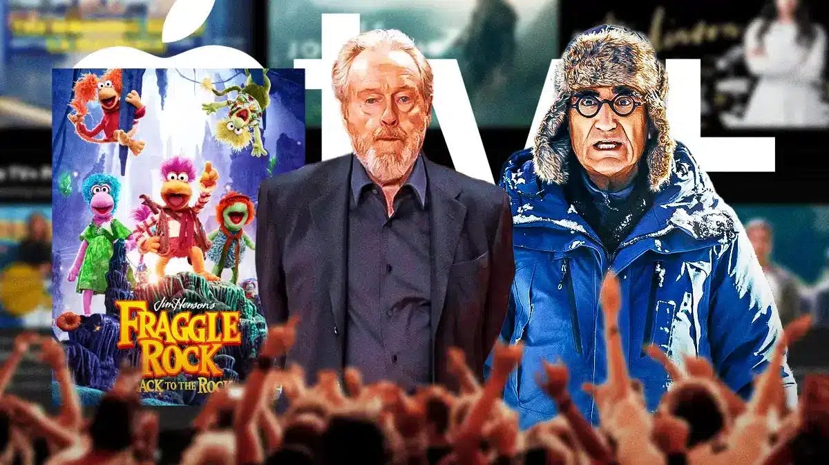 Images of Eugene Levy, Ridley Scott, the poster for the new Fraggle Rock reboot, and the Apple TV+ logo