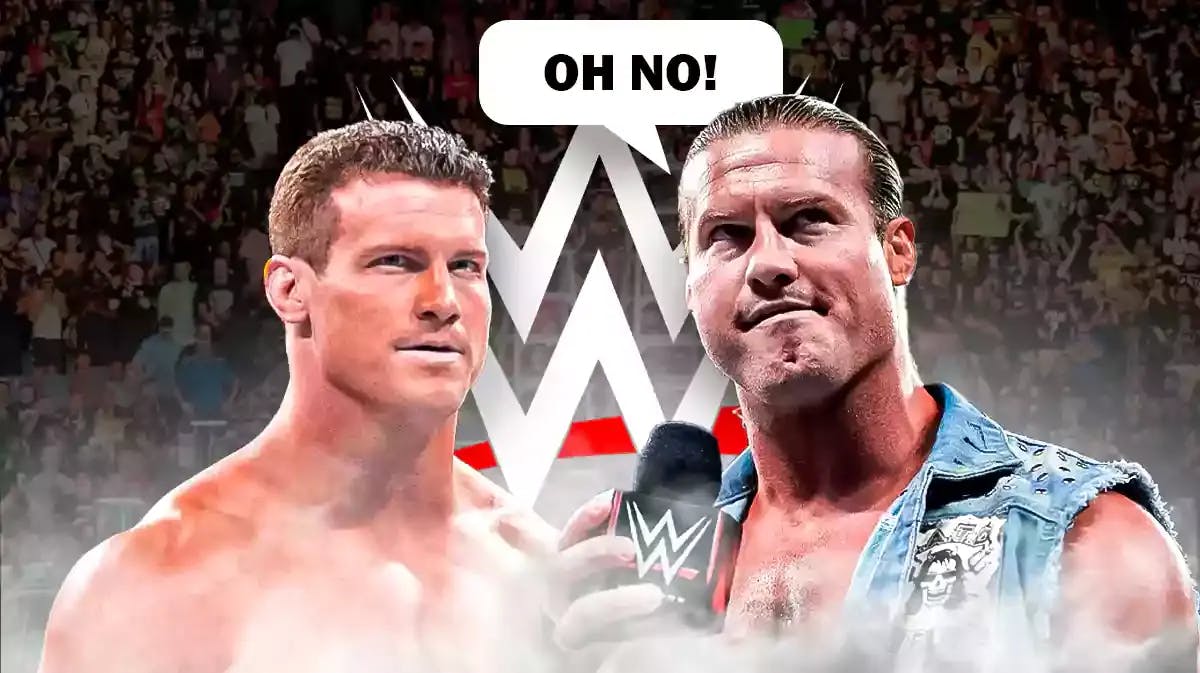 Nic Nemeth with a text bubble reading “Oh no!” next to young Dolph Ziggler with the WWE logo as the background.