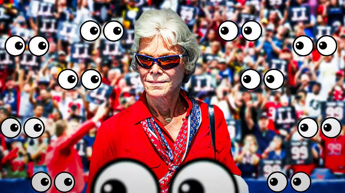 Janice McNair on one side, a bunch of Houston Texans fans on the other side with the big eyes emoji over their faces
