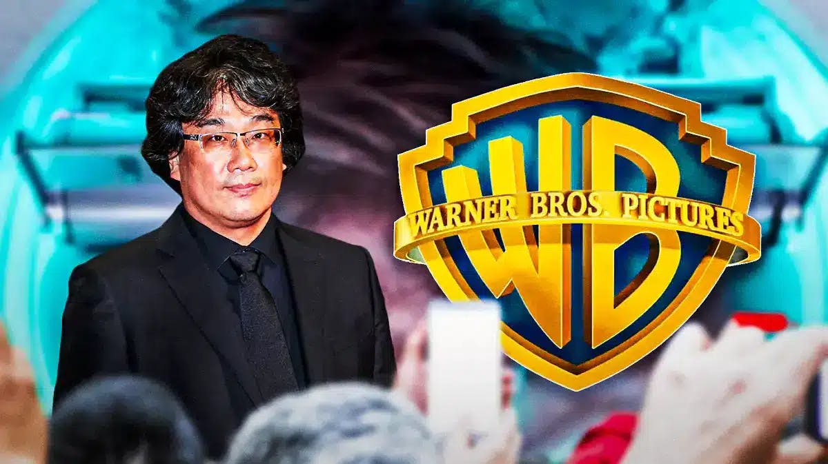 Parasite director Bong Joon-ho with Warner Bros logo and Mickey 17 background.