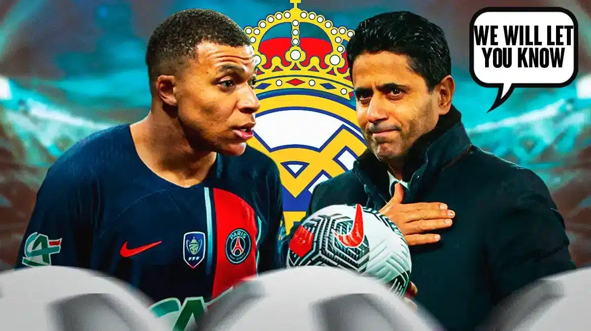 Nasser Al Khelaifi saying: ‘We will let you know’ next to Kylian Mbappe, the Real Madrid logo behind them