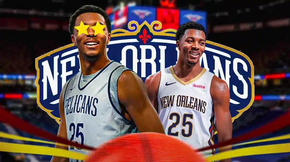 Pelicans Trey Murphy with stars in his eyes next to Trey Murphy in front of a Pelicans logo