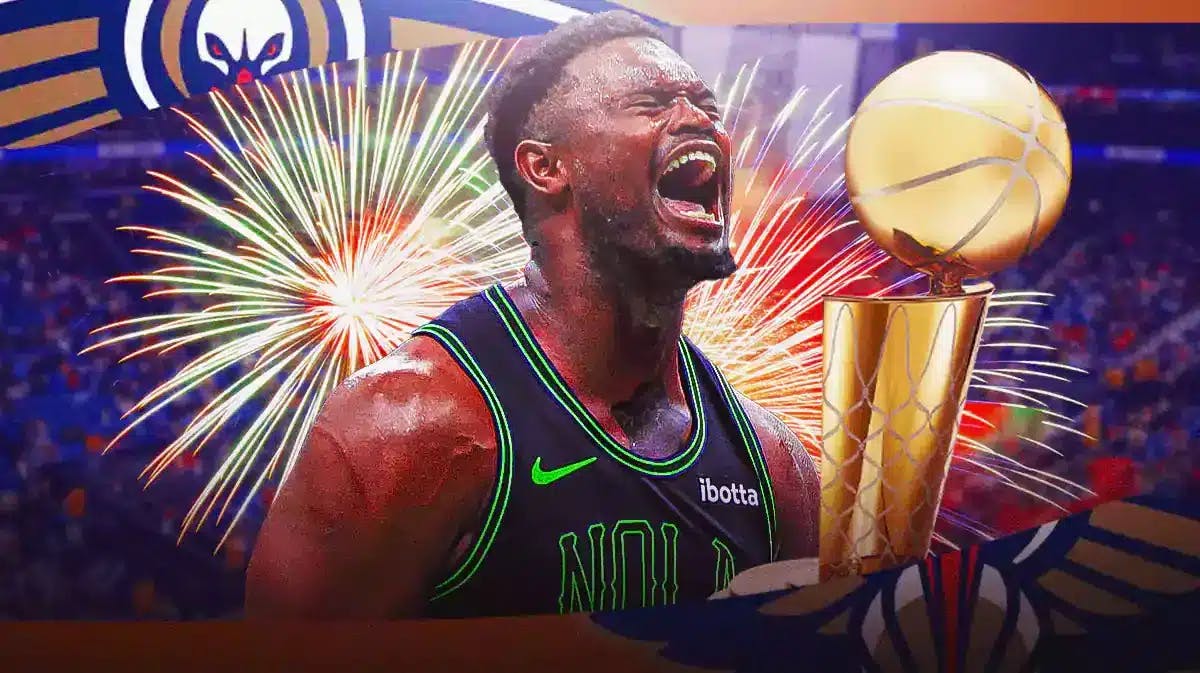 Pelicans Zion Williamson next to fireworks and the NBA Finals trophy
