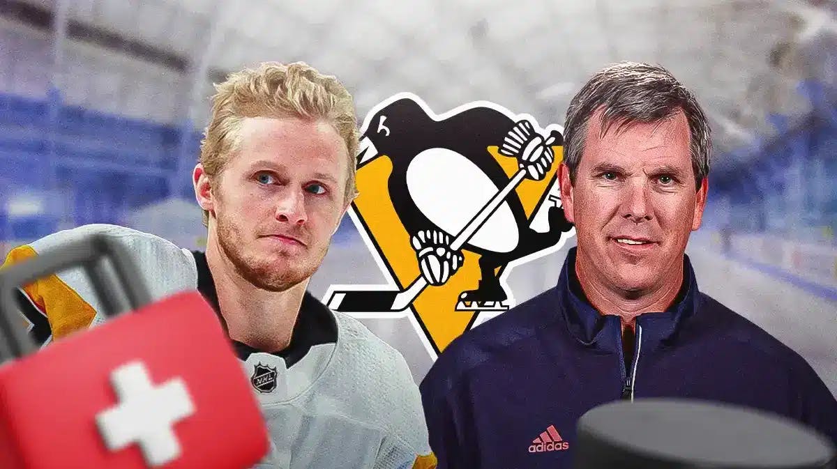 Jake Guentzel in middle looking stern with first aid kit, Mike Sullivan looking stern, PIT Penguins logo, hockey rink in background