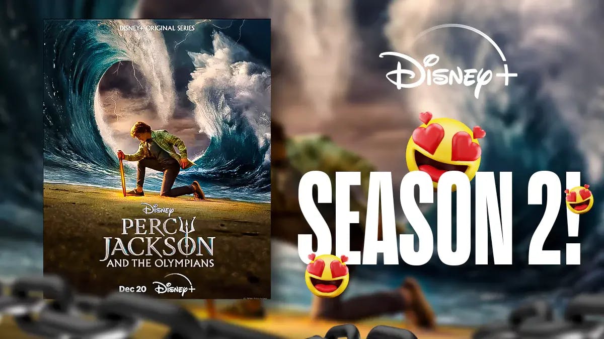 Percy Jackson and the Olympians poster, Disney+ logo, Season 2!