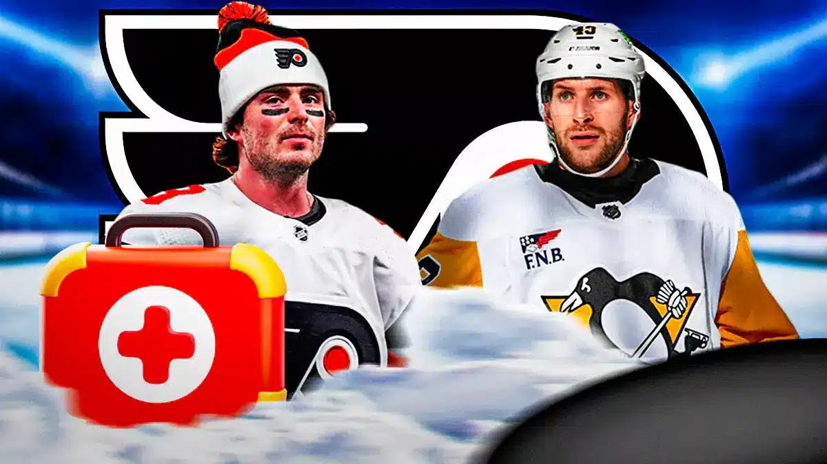 Jamie Drysdale looking stern with first aid kit in foreground, Jansen Harkins looking stern in background, PHI Flyers logo, hockey rink in background