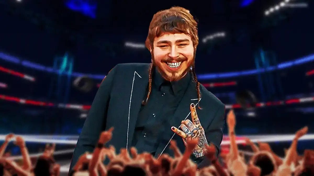 Post Malone putting up the sign of the horns with his hand, smiling, with a WWE ring in the background, and cheering fans on the foreground
