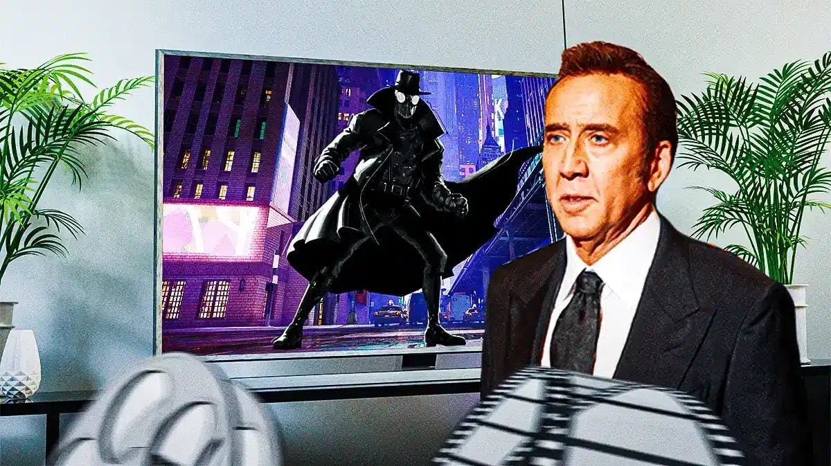 Nicolas Cage next to a TV with Spider-Man Noir on it