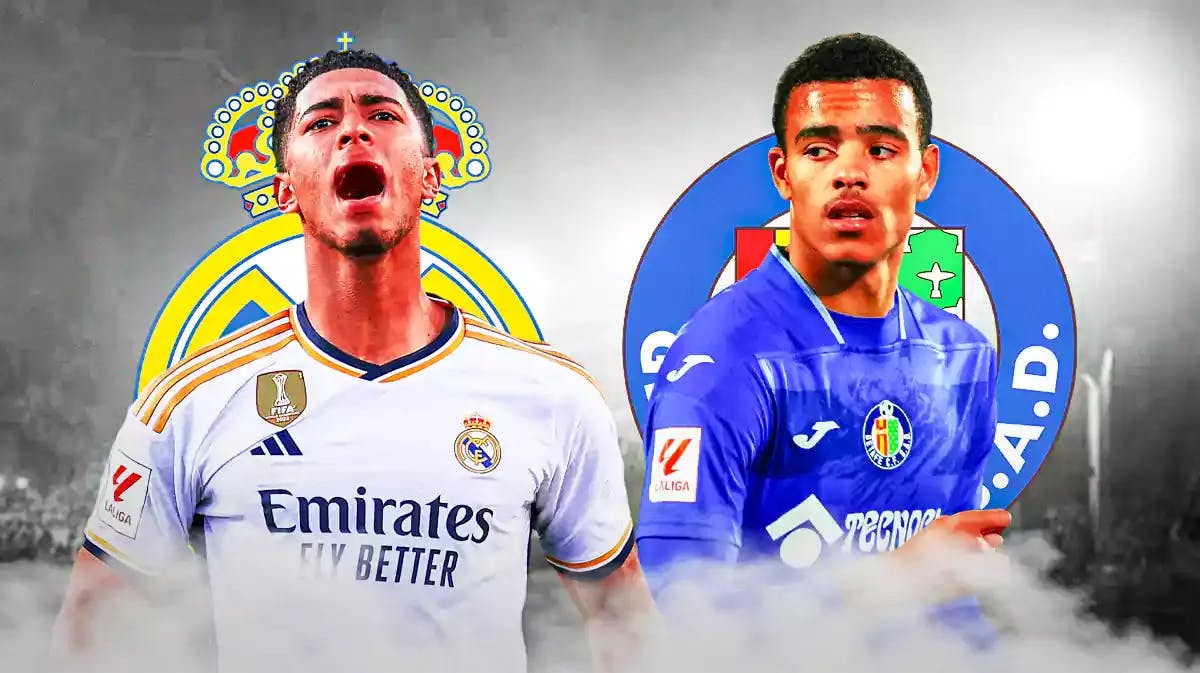 Jude Bellingham in front of the Real Madrid logo on one side, Mason Greenwood in front of the Getafe logo on the other side