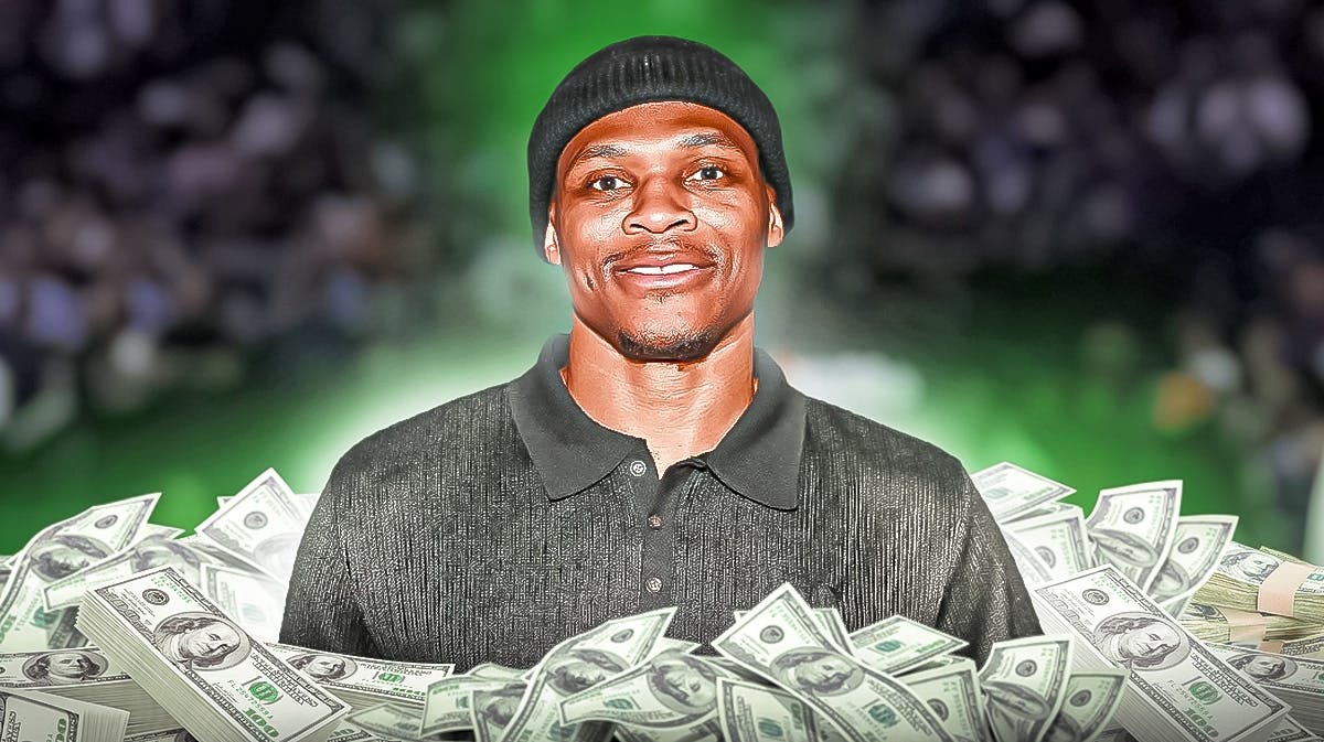 Russell Westbrook surrounded by piles of cash.