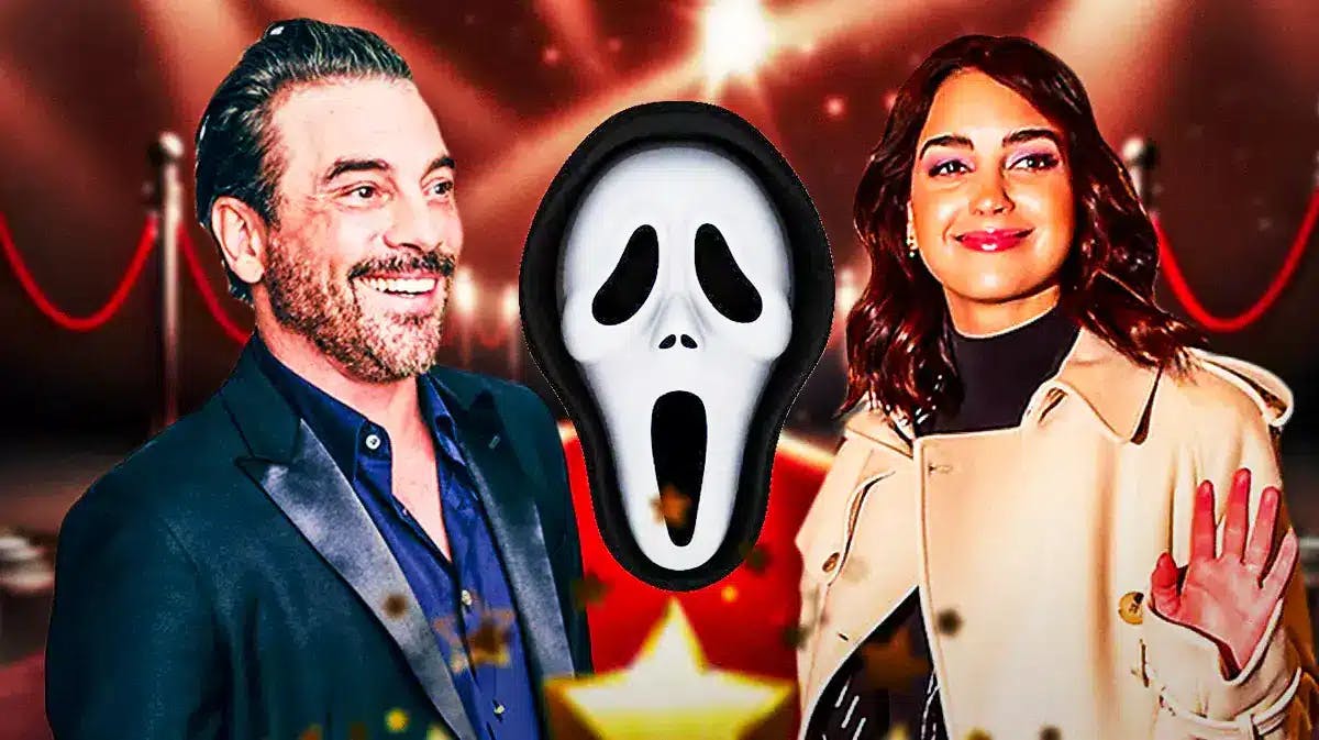 Melissa Barrera and Skeet Ulrich with the Ghostface mask in between
