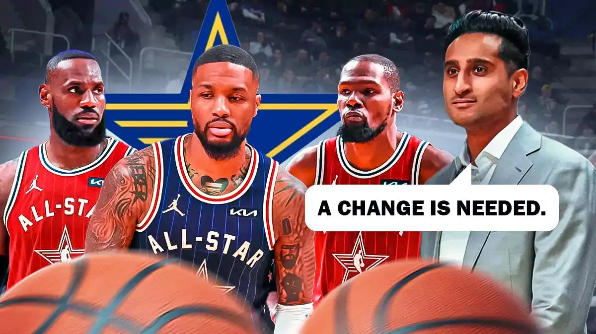 Shams Charania off to the side with a caption saying “A change is needed” Damian Lillard, LeBron James and Kevin Durant next to him