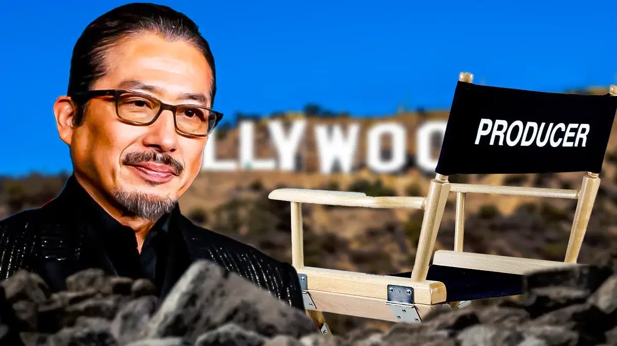 Hiroyuki Sanada on one side; producer chair on the other; Background: Hollywood sign