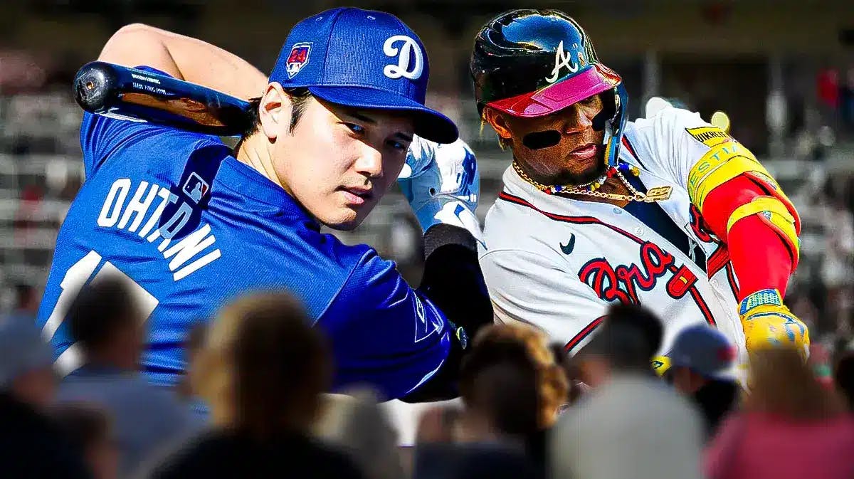 Dodgers' Shohei Ohtani swinging a bat on left. Braves' Ronald Acuna Jr. swinging a bat on right.