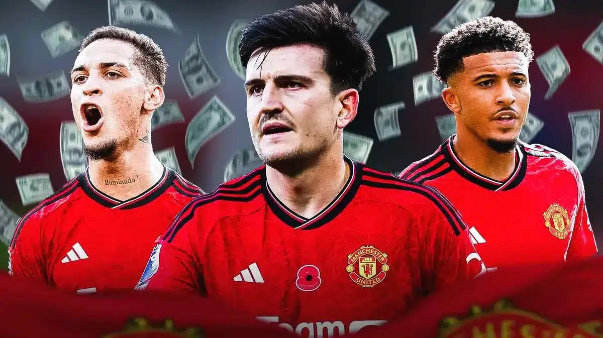 Harry Maguire, Antony, Jadon Sancho in front of the Manchester United logo, money falling from the air around them