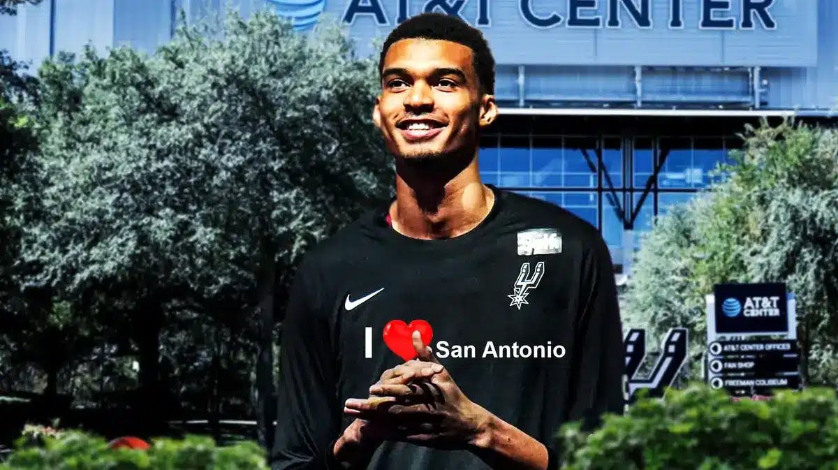 Spurs Victor Wembanyama wearing an I heart San Antonio shirt
