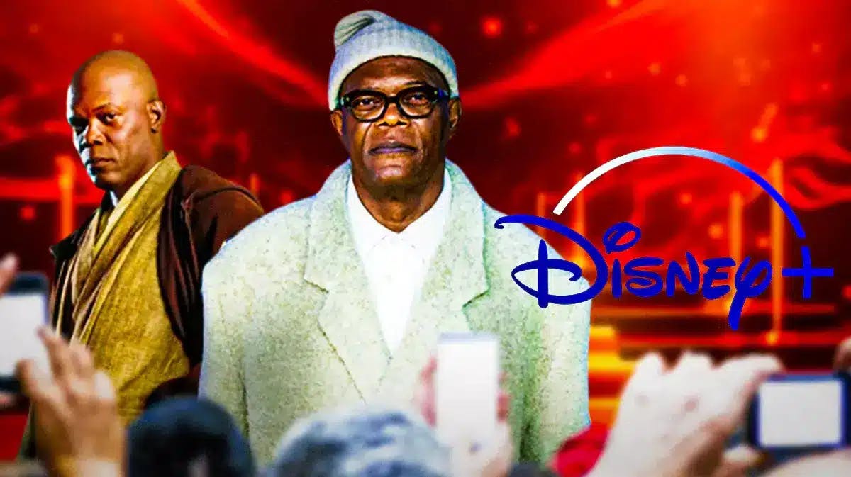 Samuel L. Jackson and Mace Windu from Star Wars with Disney+ logo.