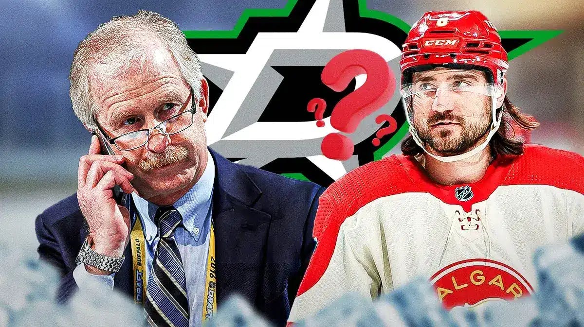 Stars GM Jim Nill on one side looking focused, Chris Tanev in image with 3-5 question marks, DAL Stars logo, hockey rink in background