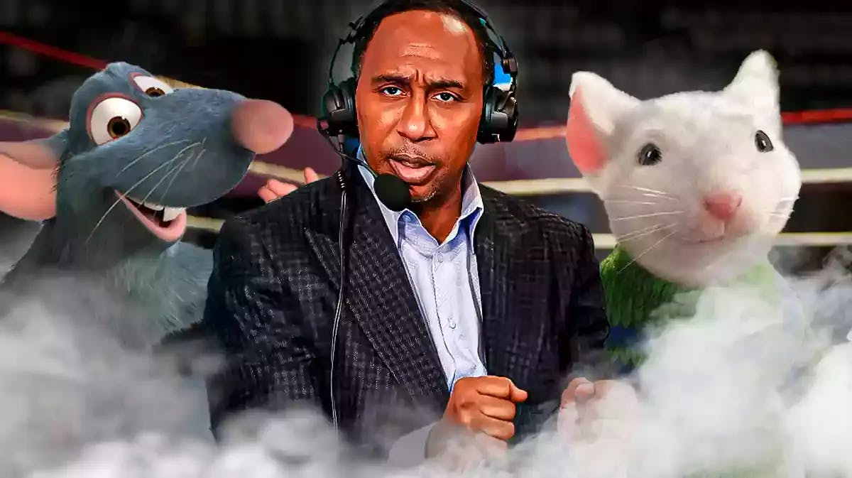 Stephen A Smith between Ratatouille and Stuart Little in boxing ring.