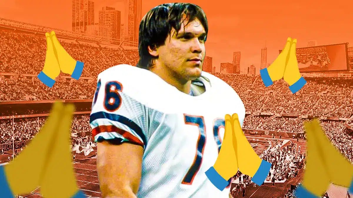 Bears' Steve McMichael looking serious with prayer emojis in the background.