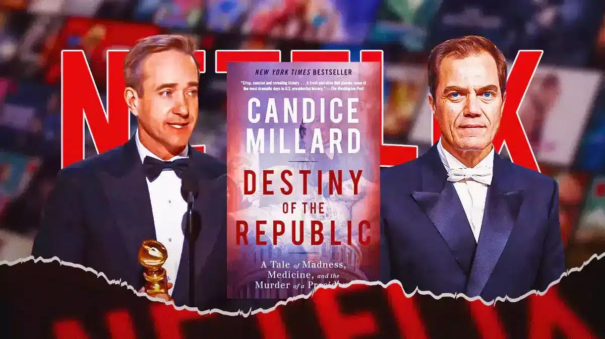 Matthew Macfadyen on one side, Michael Shannon on the other, Destiny of the Republic book in the middle