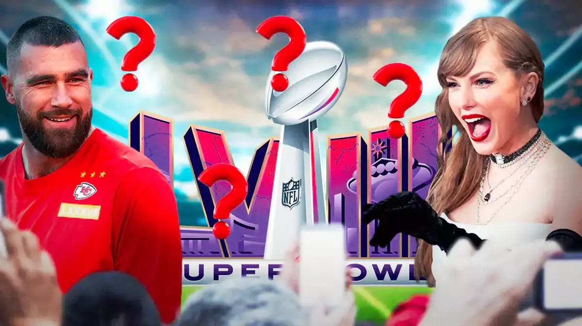 The Super Bowl 58 logo in the middle, Taylor Swift on one side, Travis Kelce on the other side, a bunch of question marks in the background. Is Taylor Swift attending Super Bowl 58