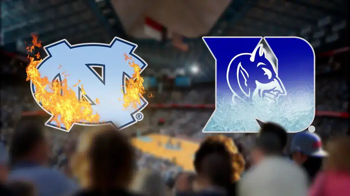 North Carolina Tar Heels logo sits ablaze while Duke Blue Devils logo freezes, Armando Bacot and Harrison Ingram play in the background