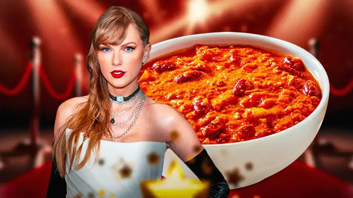 Taylor Swift next to a bowl of chili