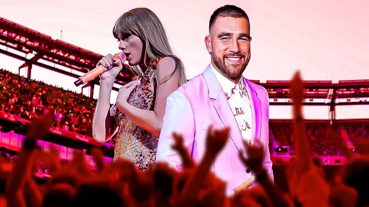 Taylor Swift on stage and Travis Kelce