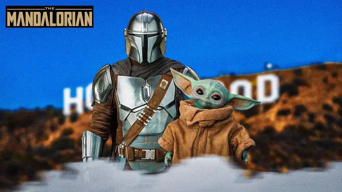 The Mandalorian and Grogu with logo and Hollywood sign in background.