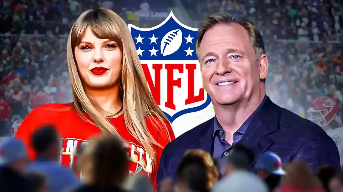 Taylor Swift in Kansas City Chiefs clothes, Roger Goodell in front of NFL logo