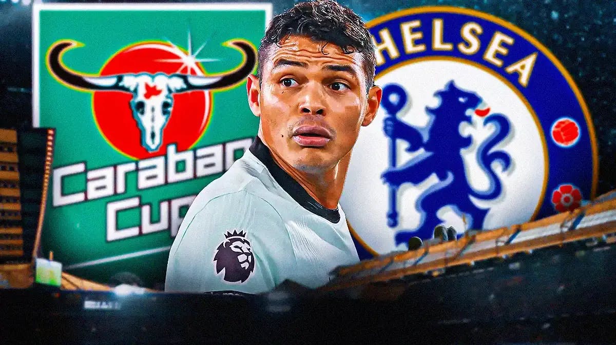 Thiago Silva looking down/sad in front of the Carabao Cup and Chelsea logos