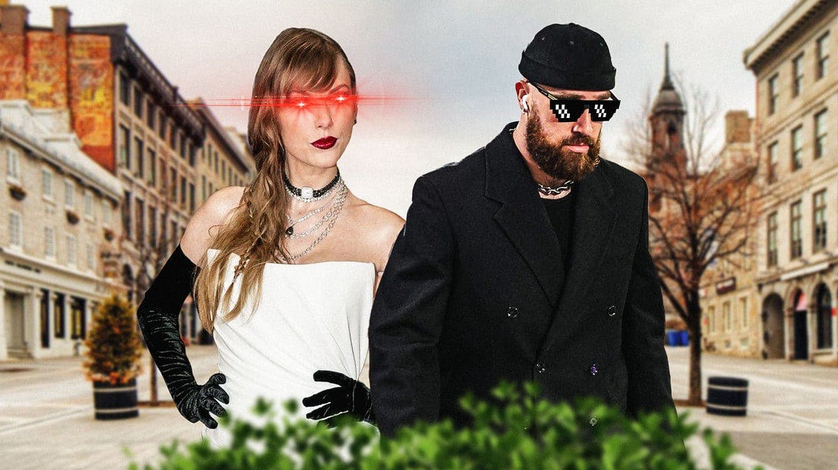 Taylor Swift with woke eyes, Travis Kelce (Chiefs) with deal with it shades