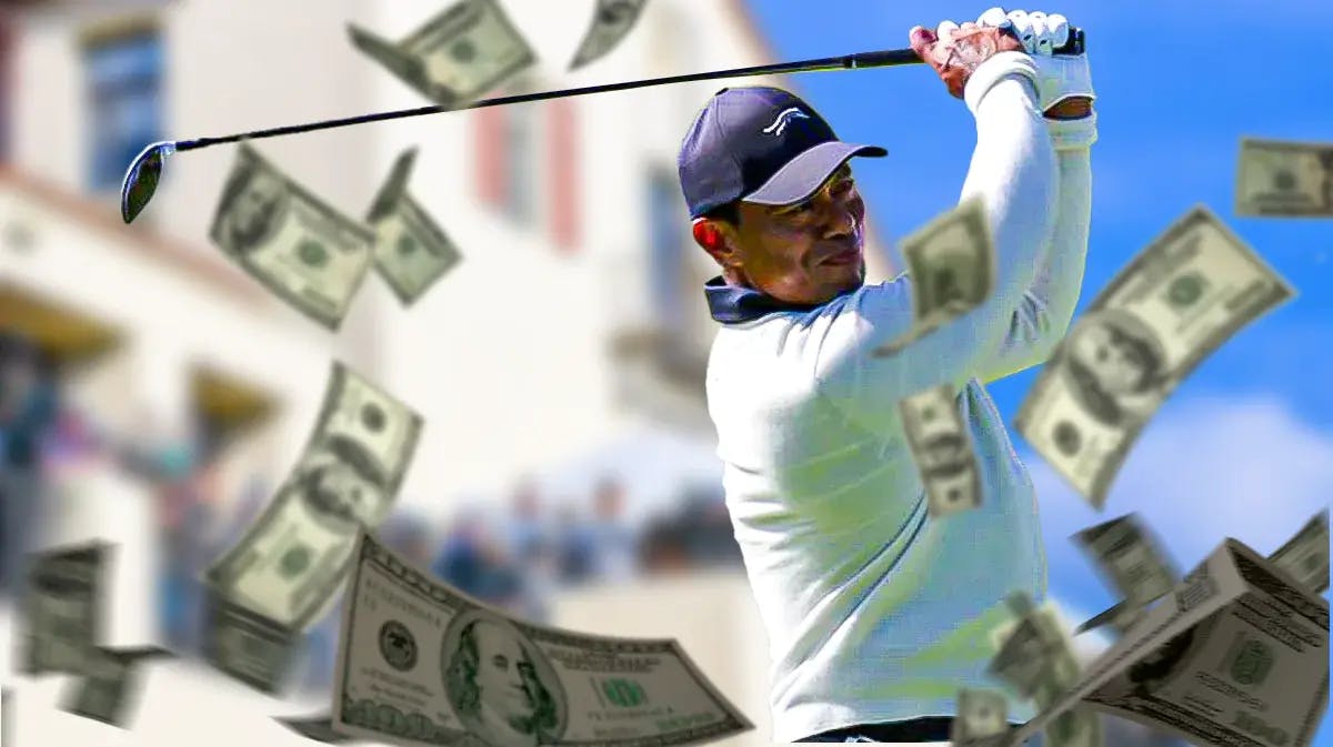Tiger Woods golfing and surrounded by money