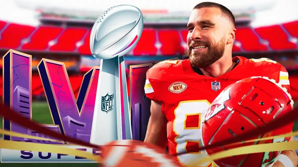 Travis Kelce with a speech bubble that says “Biggest game of my life!” on one side, the Super Bowl 58 logo on the other side