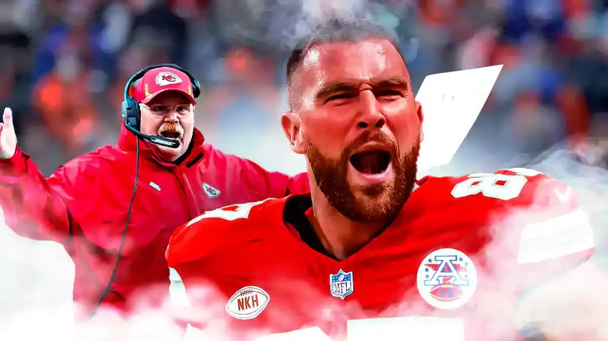 Travis Kelce screaming mad and red in the face. Andy Reid looking serious behind him