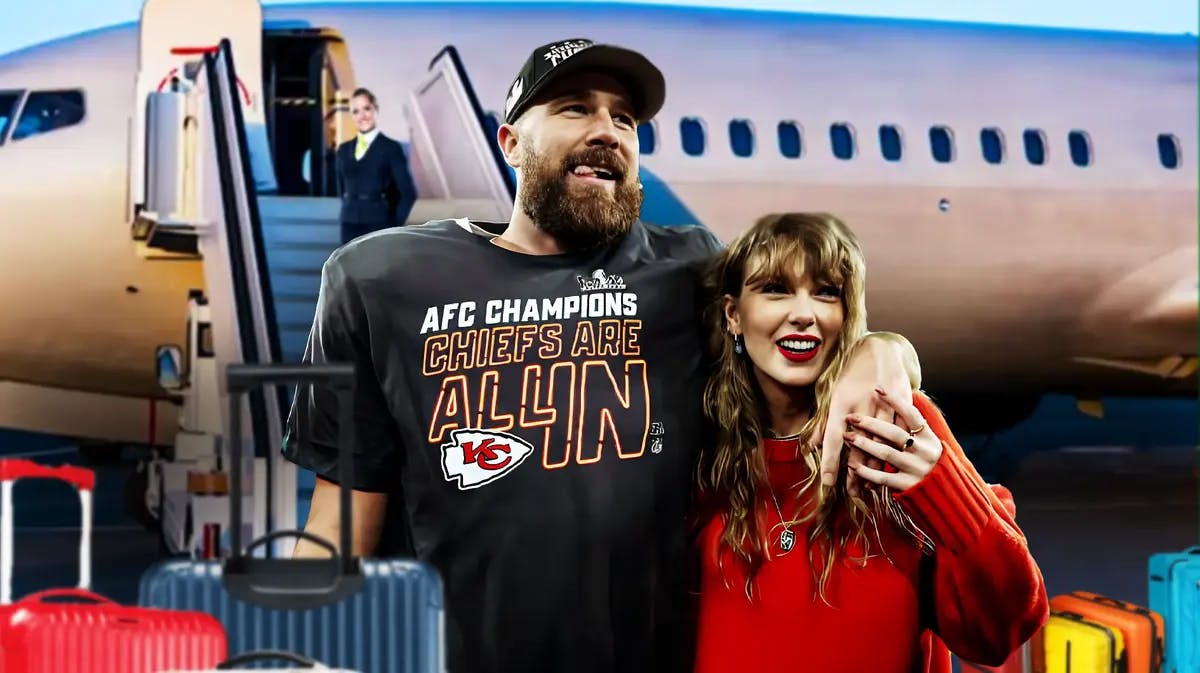 Travis Kelce and Taylor Swift with a plane behind them