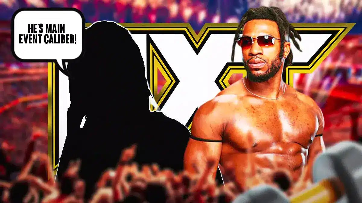 The blacked-out silhouette of Booker T with a text bubble reading “He’s main event caliber!“ next to Trick Williams with the NXT logo as the background.
