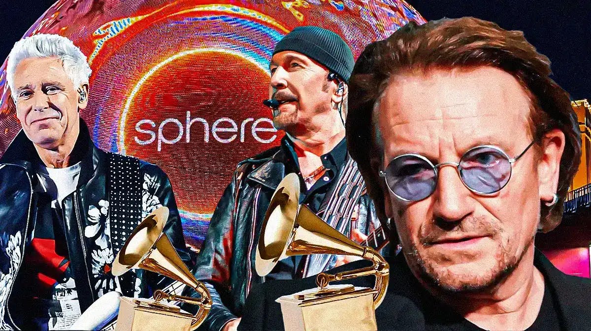 U2 members Adam Clayton, The Edge, and Bono with Grammys trophies and Sphere backround.