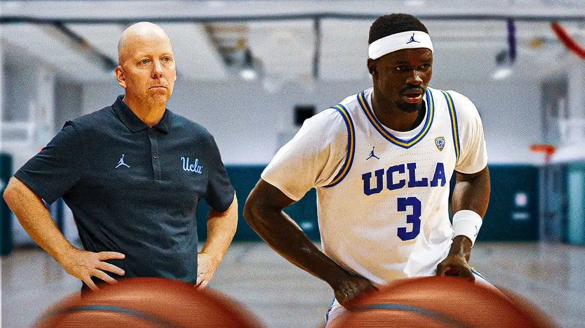 UCLA basketball coach Mick Cronin on the left, Adem Bona on the right.