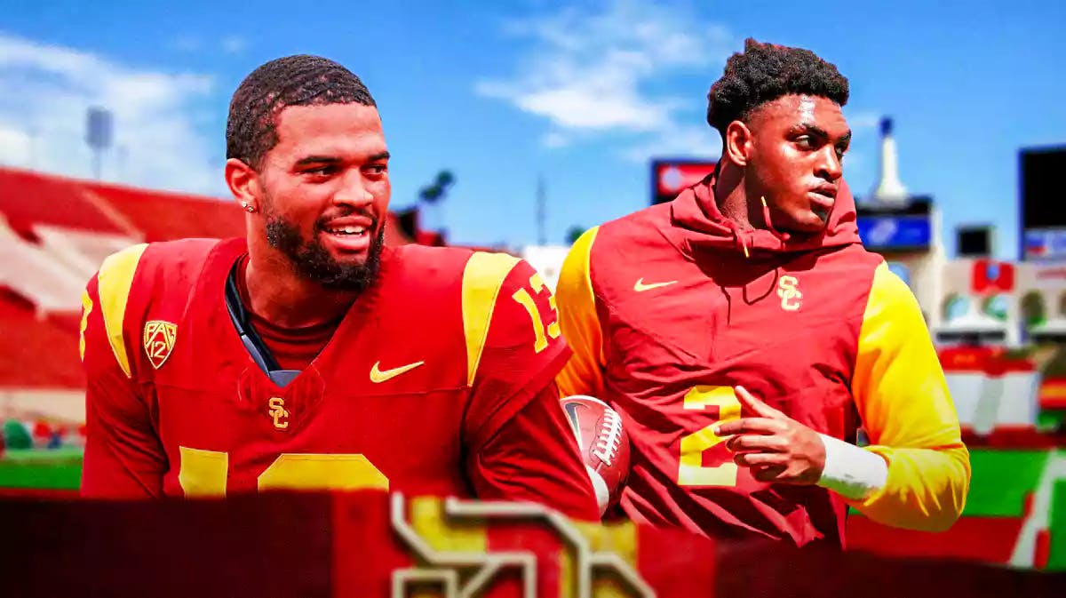 USC football, Trojans, Brenden Rice, Caleb Williams, Caleb Williams USC, Brenden Rice and Caleb Williams in USC unis with USC football stadium in the background